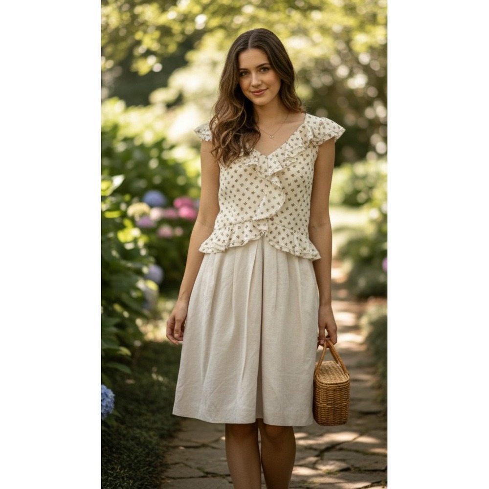 Rebecca Taylor Sheath Dress Womens 2 Beige Silk Floral Back Zip Ruffle V-Neck